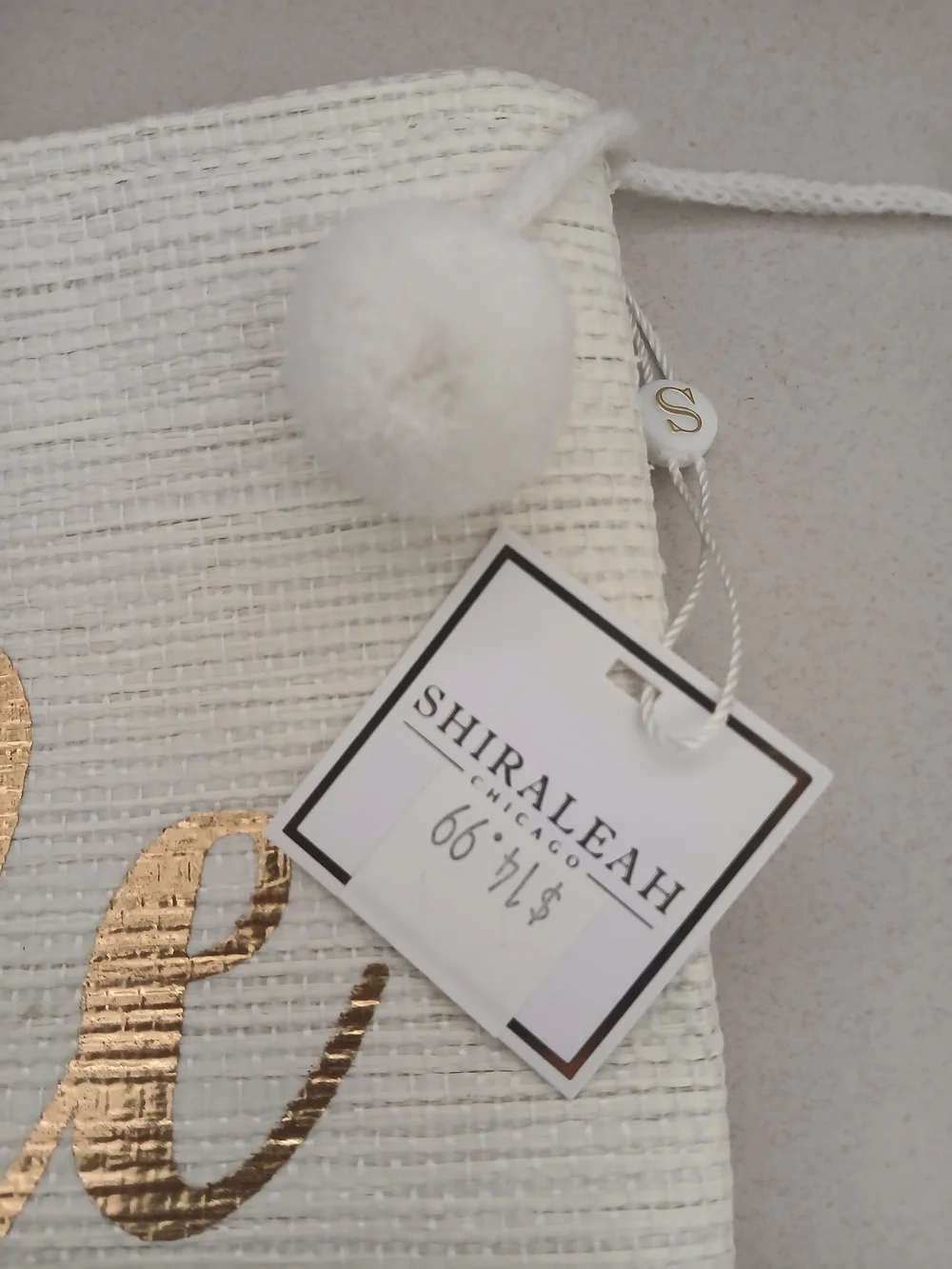 Shiraleah Cream Canvas Pouch with Gold Script and Pom Pom
